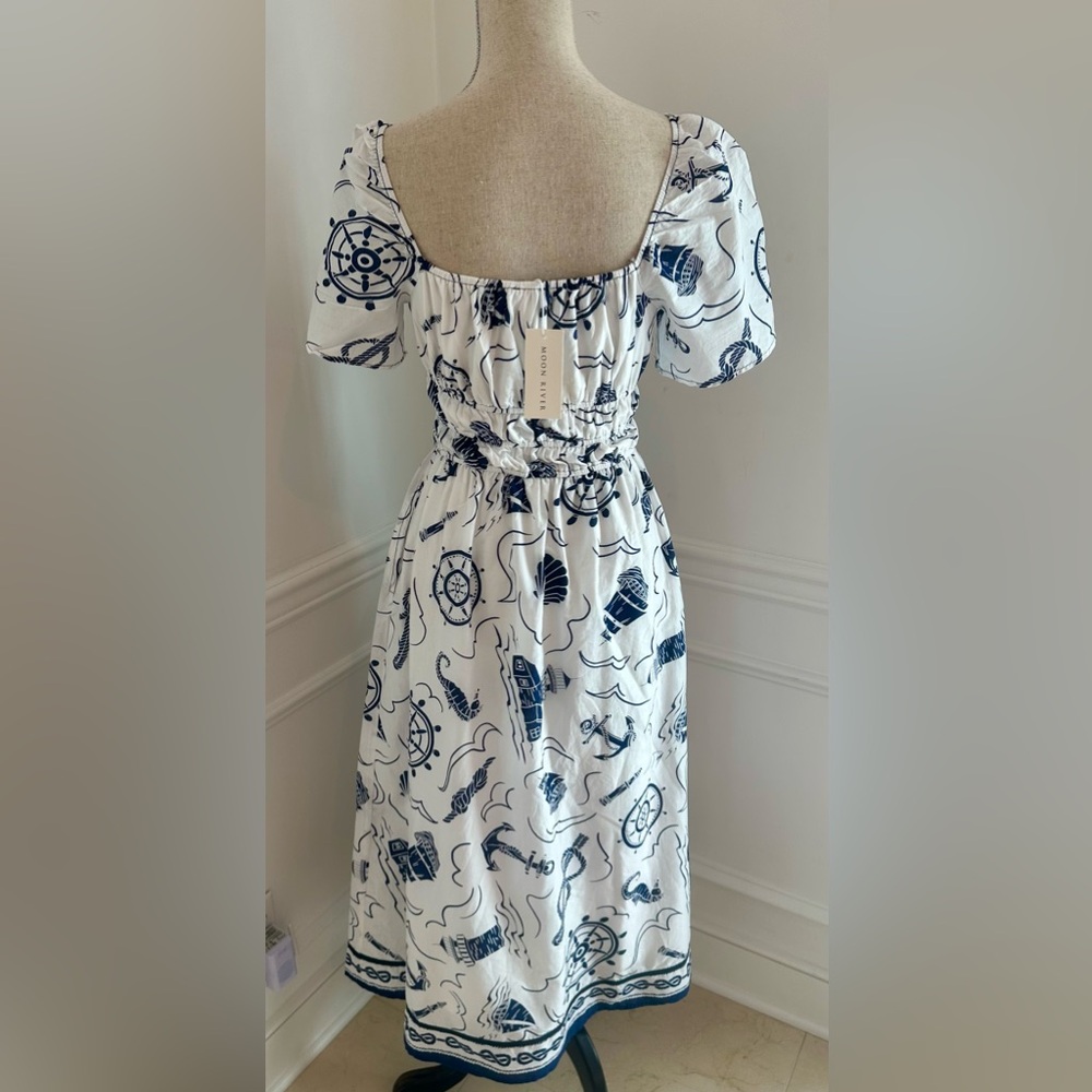 Tuckernuck’s Moon River Nautical Puff Sleeve Midi Dress XS 100% Cotton - Picture 6 of 11
